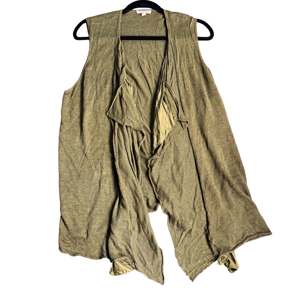 Eileen Fisher Olive Green Linen Silk Knit‎ Open Front Long Vest XL